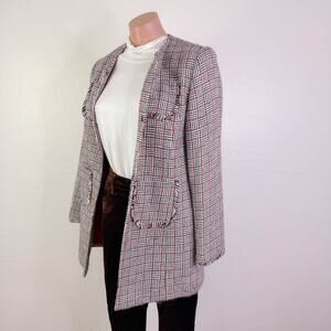 Vintage Gingham Plaid Tweed Blazer Coat Jacket Red Black Academia Career Sz 8P